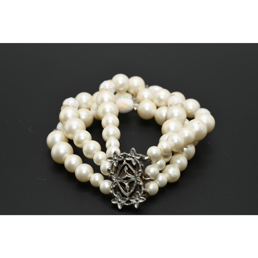 Vintage 3 Strand Faux Pearl Bracelet Czech Glass Beads Floral Box Clasp